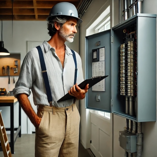 Home inspector reviewing the electrical panel in a Costa Rican home