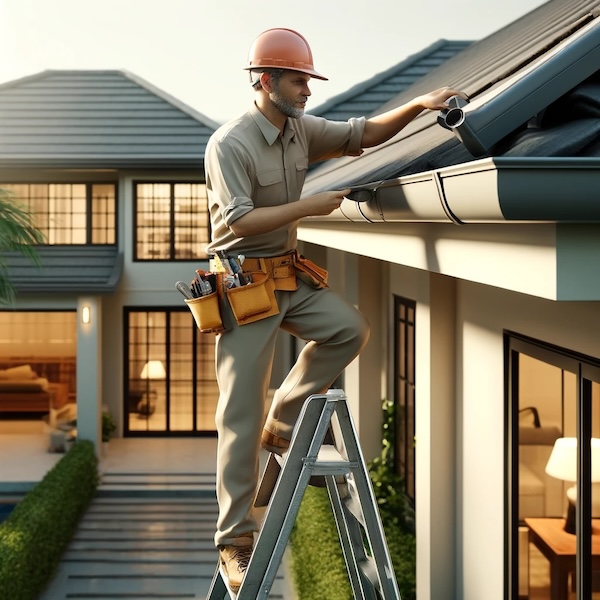 Home inspector investigating the quality of the roof gutters