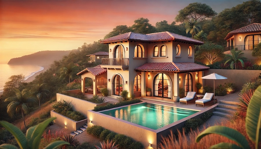 Illustration of a hillside ocean view home in Mar Vista Estates, Costa Rica. There is a pool and patio that overlook the Pacific Ocean at sunset.